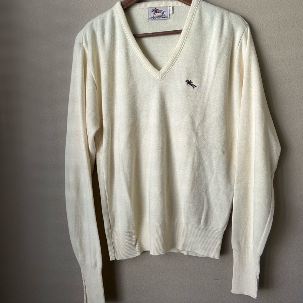 Vintage Steeplechase Cream V-Neck Sweater Equestrian Horse Embroidery L